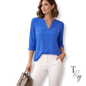 Jones New York Signature Long Sleeve Split Neck Blouse Cobalt Blue Size M